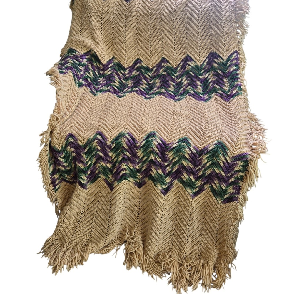 Vintage Crochet Chevron Afghan Blanket Twin Bed Purple Green Fringe 47x105"